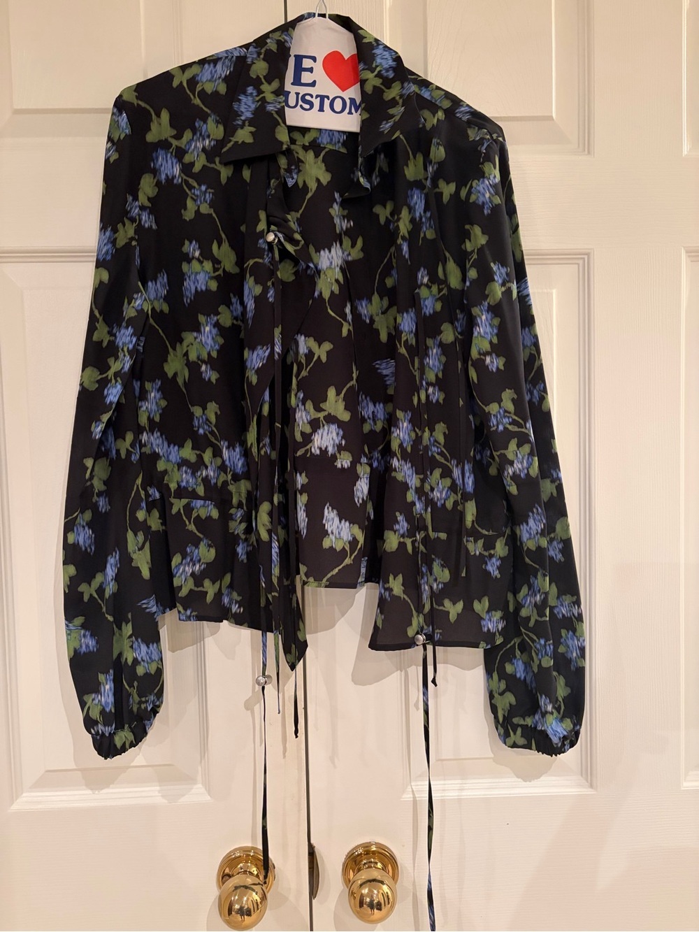 Altuzarra Black Floral Tie-Neck Blouse with Blue and Green Accents